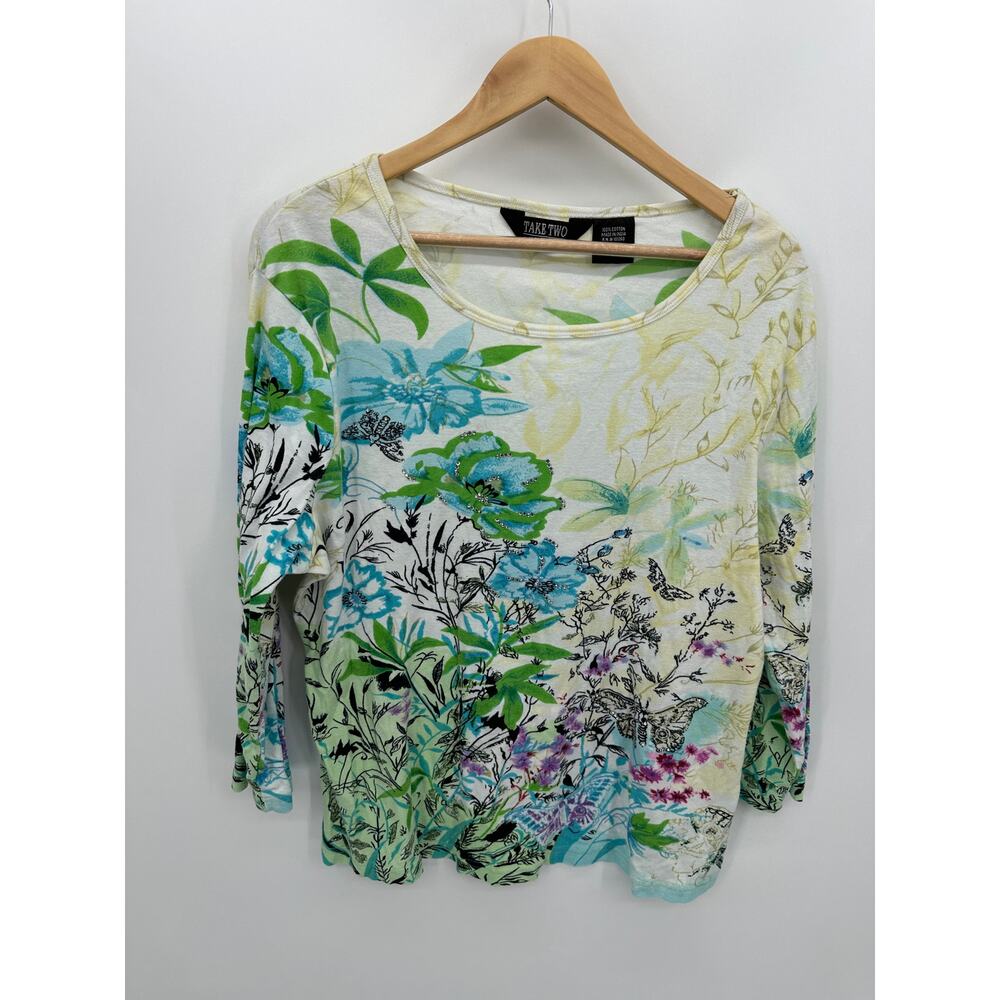 Take‎ Two Shirt Women Green Floral Asian Novelty Scoop Neck Cotton 3/4 Sleeve XL